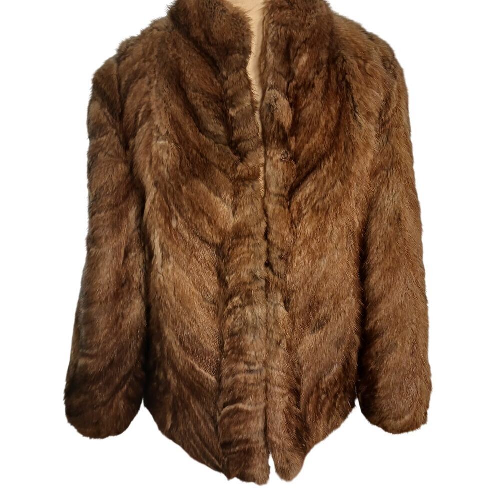 Chevron Thick Mink Fur Coat Sz M Brown Jacket  Boxy Formal Wedding Winter Glamor